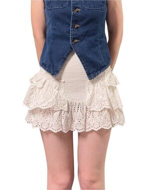 White High Waisted Smocked Eyelet Ruffle Mini Skirt